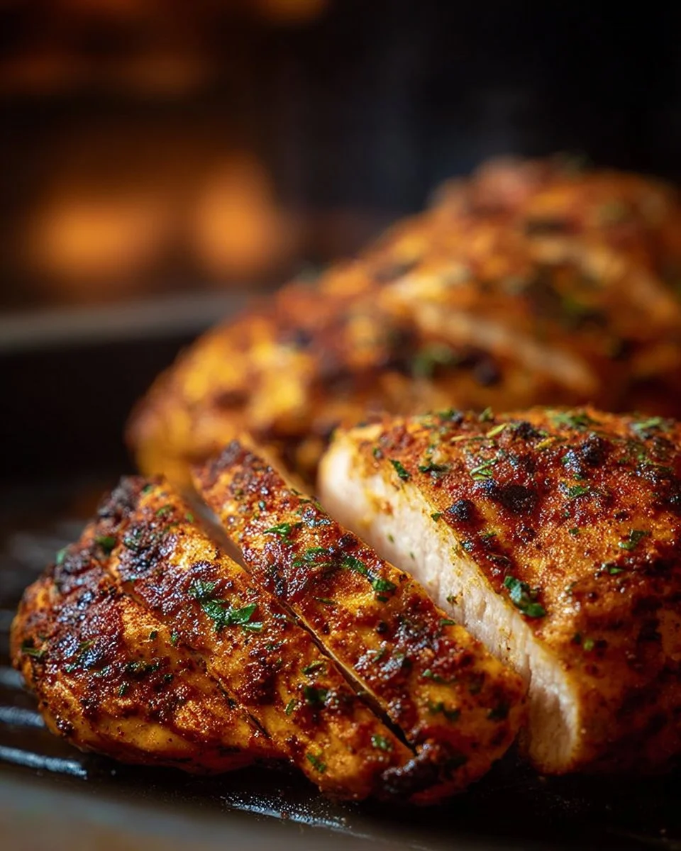 Juicy air fryer chicken breast served with vegetables on a plate