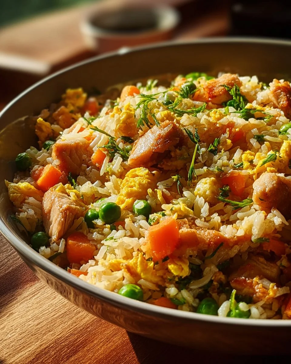 Air fryer chicken fried rice dish served in a bowl with vegetables and chicken.