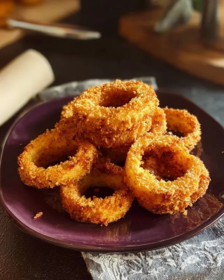 Air fryer crispy onion rings served on a plate with dipping sauce