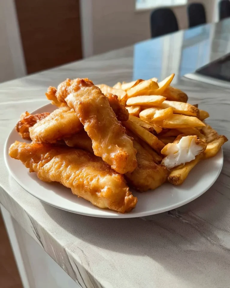 Air fryer fish and chips served with a side of tartar sauce and lemon wedge.
