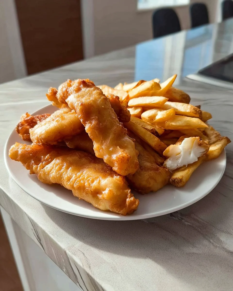 Air fryer fish and chips served with a side of tartar sauce and lemon wedge.