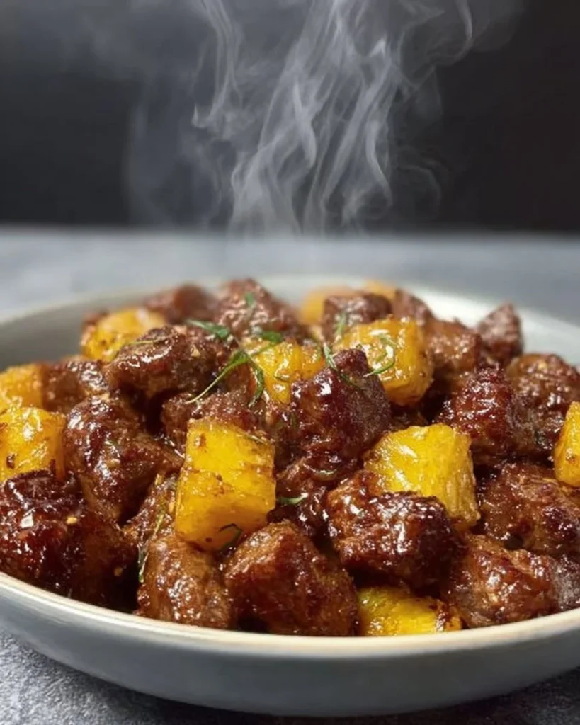 Air fryer garlic butter steak bites served with crispy potatoes