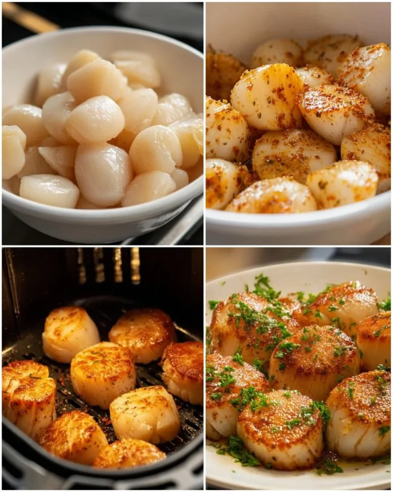 Crispy air fryer scallops served on a plate with lemon and herbs.