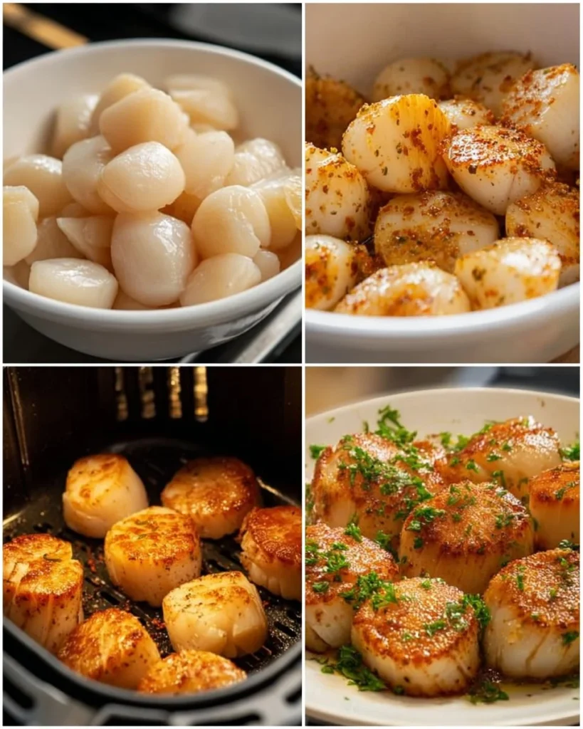 Crispy air fryer scallops served on a plate with lemon and herbs.