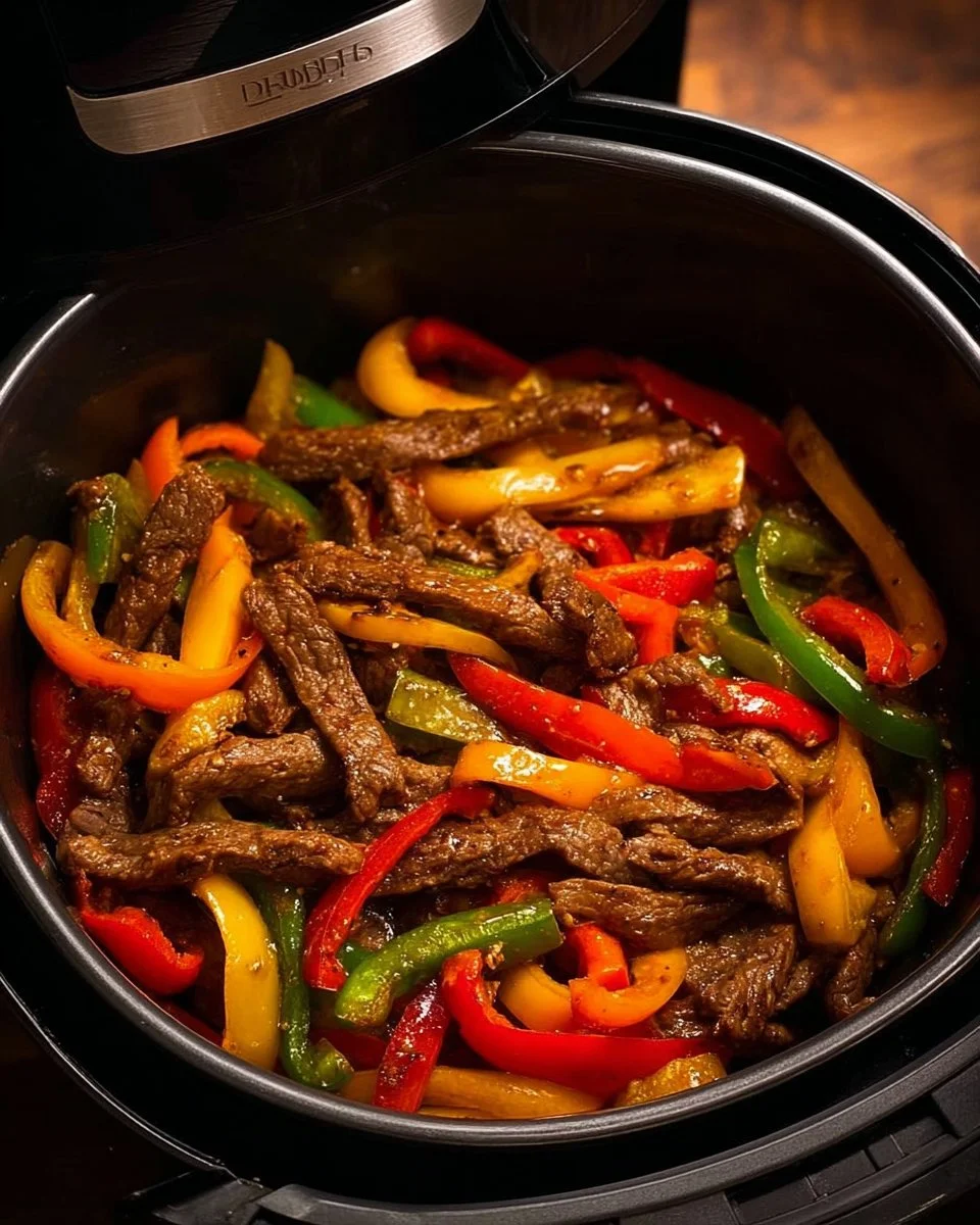 Air Fryer Steak Fajitas served on a plate with fresh toppings and tortillas