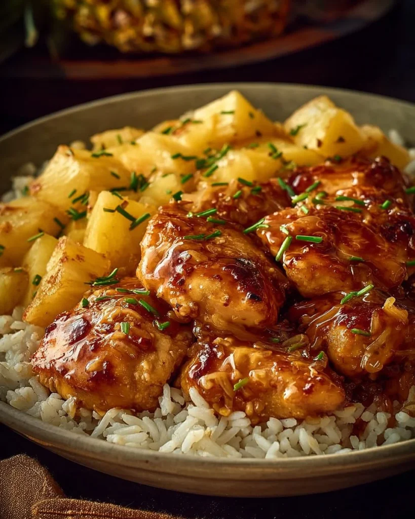 Airfryer pineapple chicken served with rice on a plate