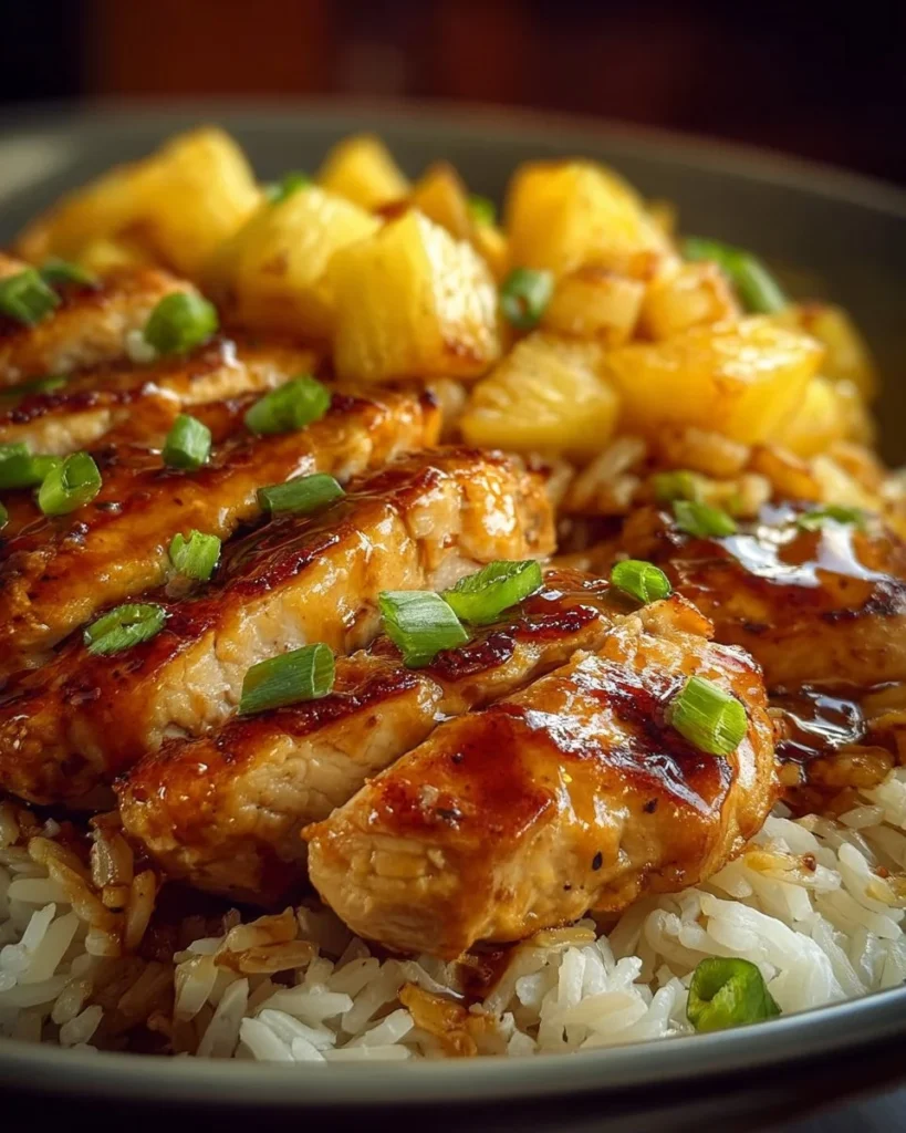 Delicious Airfryer Pineapple Chicken served with rice and garnished with pineapple slices.