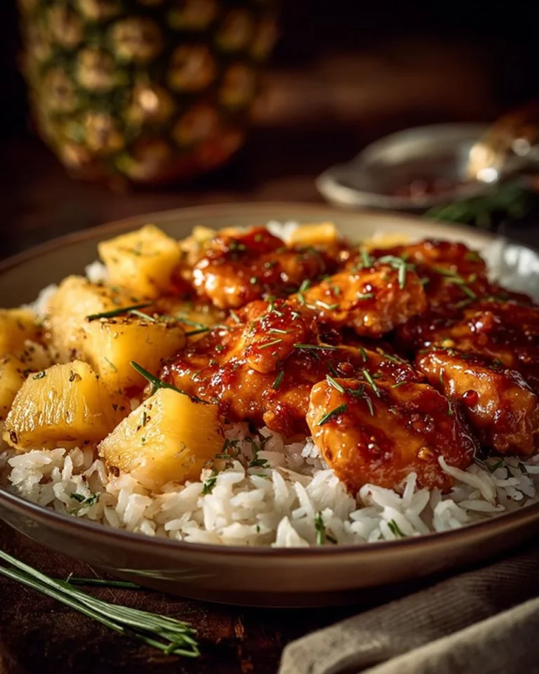 Airfryer Pineapple Chicken with Rice dish served in a bowl