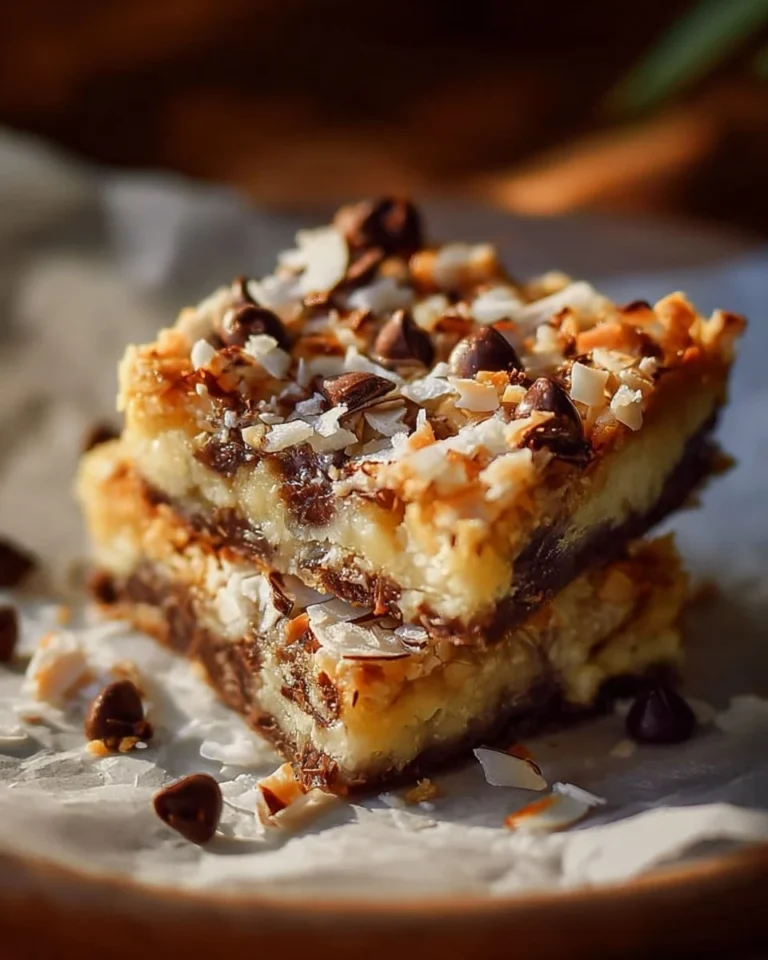Delicious Almond Joy Magic Cookie Bars topped with chocolate, coconut, and almonds.