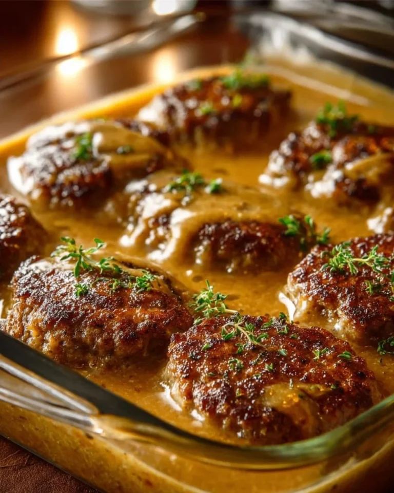 Amish Hamburger Steak Bake served with vegetables in a casserole dish