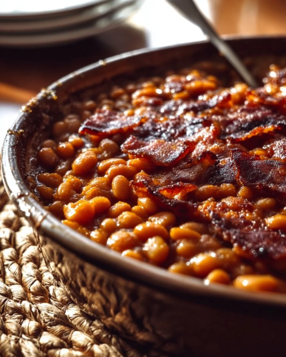 Bowl of Anastasia's best-ever baked beans recipe, showcasing rich flavor and texture.