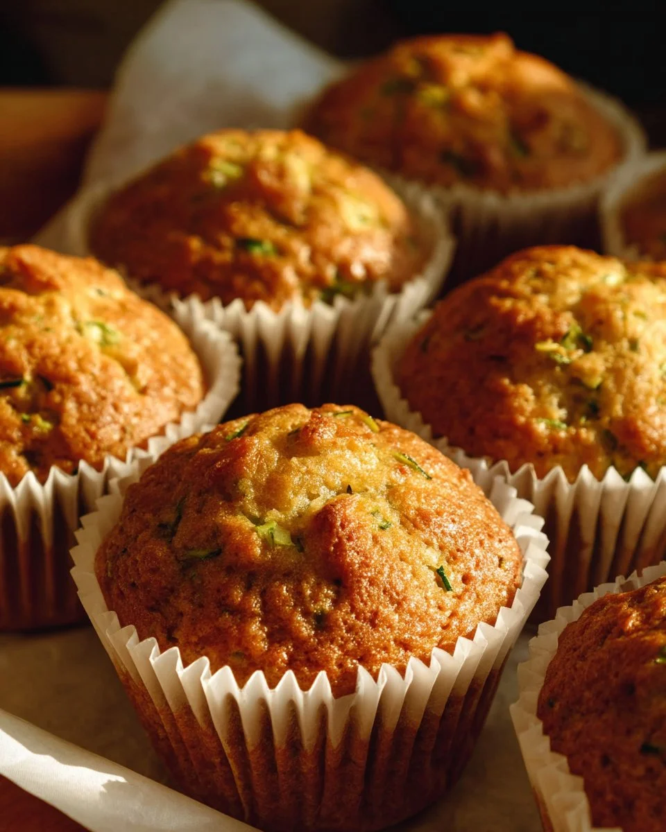 Freshly baked apple cinnamon zucchini muffins on a wooden table