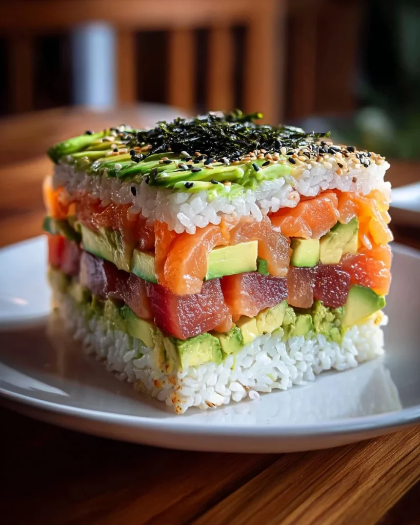 Avocado layered sushi cake with colorful ingredients and sushi rice.