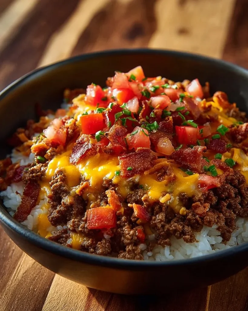Delicious Bacon Cheeseburger Rice Bowl topped with crispy bacon and cheese