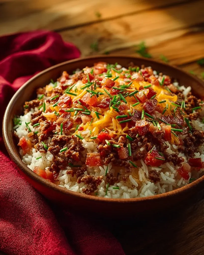 Bacon Cheeseburger Rice Bowl topped with melted cheese and crispy bacon.
