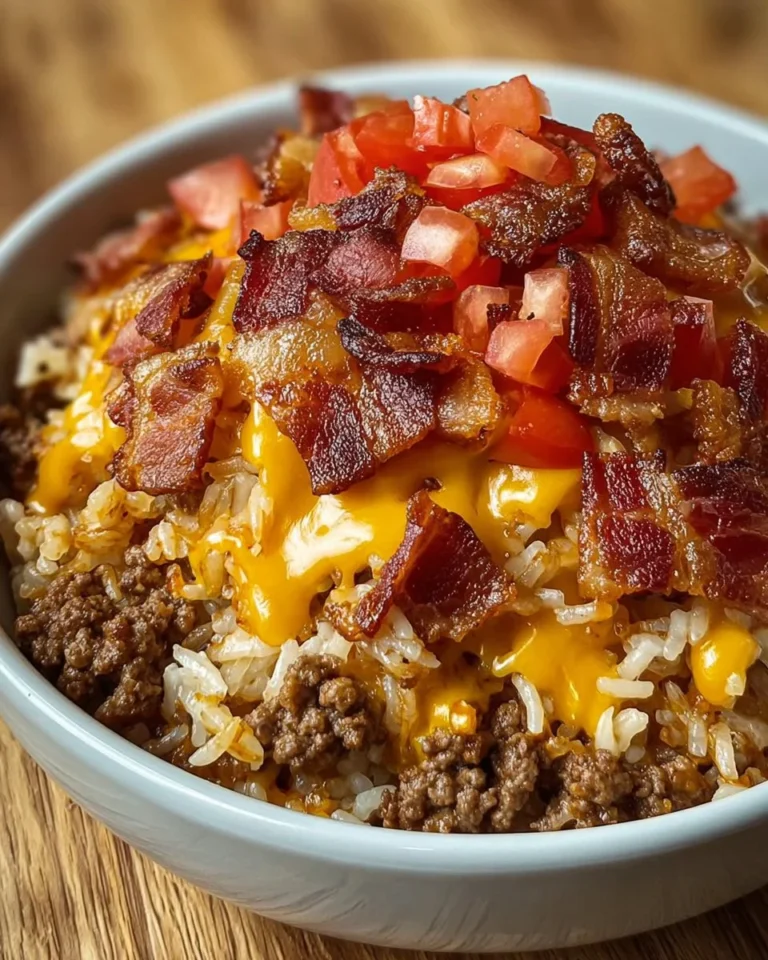 Bacon Cheeseburger Rice Bowl topped with cheese, bacon, and fresh veggies