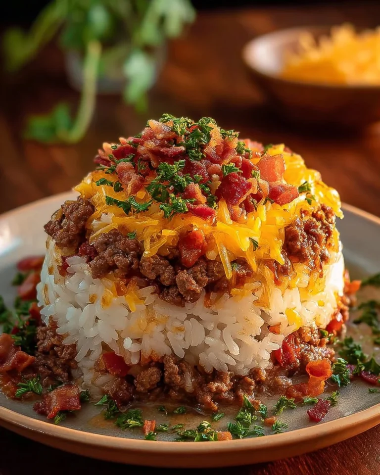 Bacon Cheeseburger Rice Stack with layers of bacon, cheese, and rice