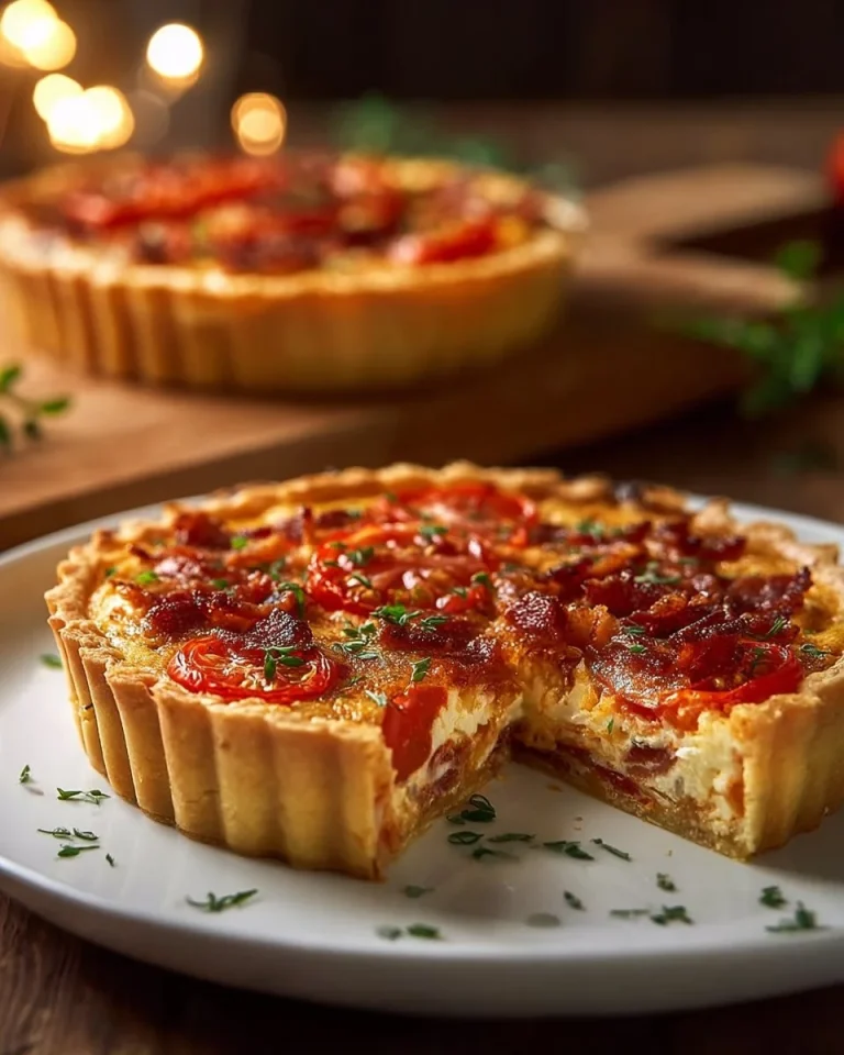 Deliciously baked Bacon Onion Tomato Pie with fresh ingredients