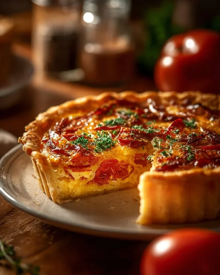 Delicious Bacon Onion Tomato Pie served on a rustic wooden table