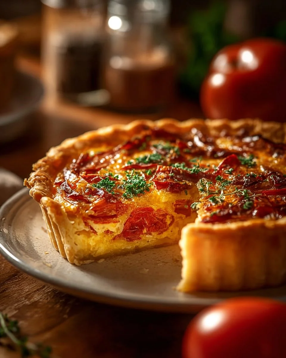 Delicious Bacon Onion Tomato Pie served on a rustic wooden table