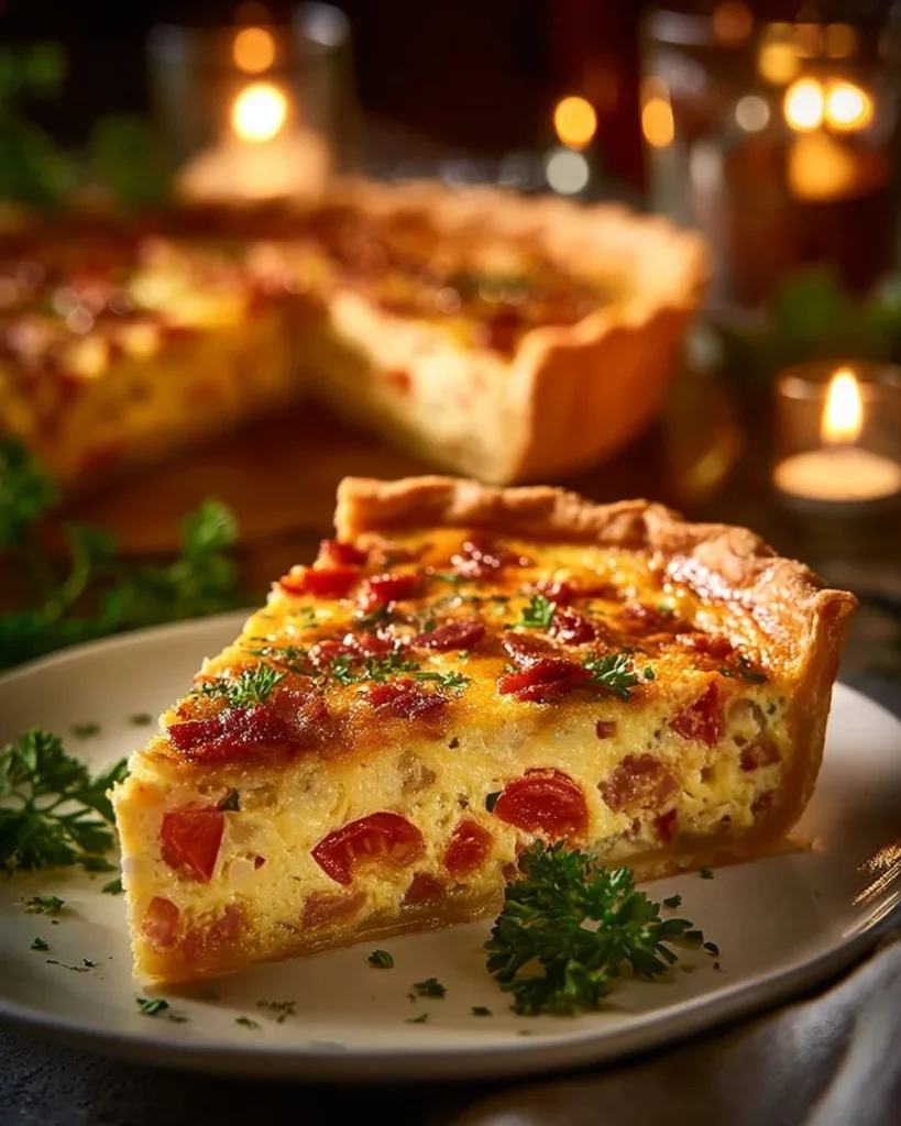 Delicious homemade Bacon Onion Tomato Pie with crispy bacon and fresh tomatoes