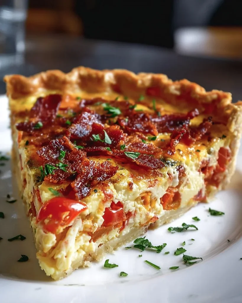 Savory Bacon Onion Tomato Pie with crispy crust and fresh ingredients