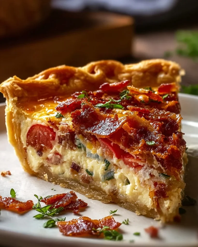 Delicious Bacon Onion Tomato Pie with crispy bacon, fresh tomatoes, and caramelized onions