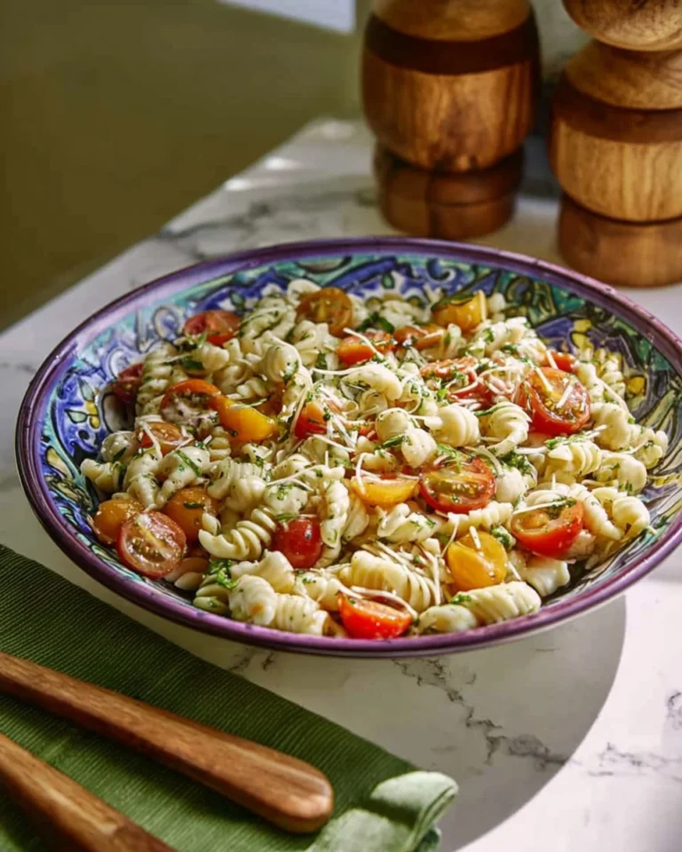 Bacon Ranch Pasta Salad with creamy dressing and crispy bacon bits