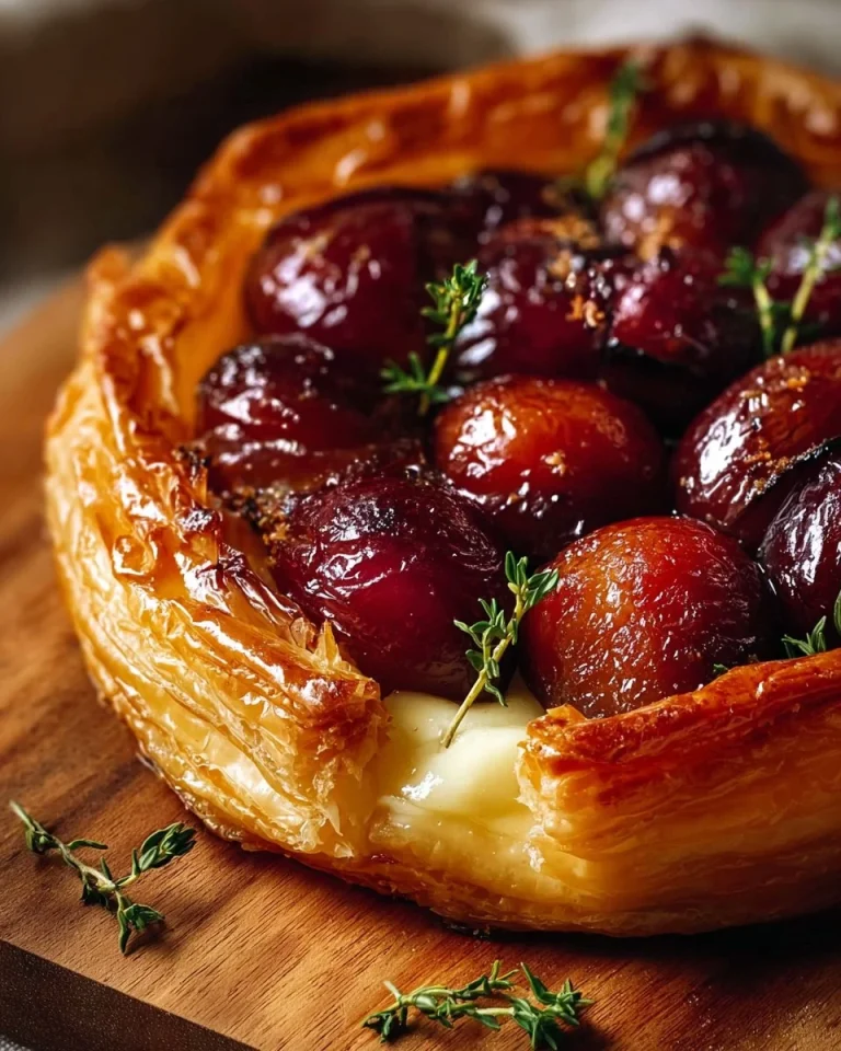 Baked Brie topped with roasted plums and thyme, served as a gourmet appetizer.