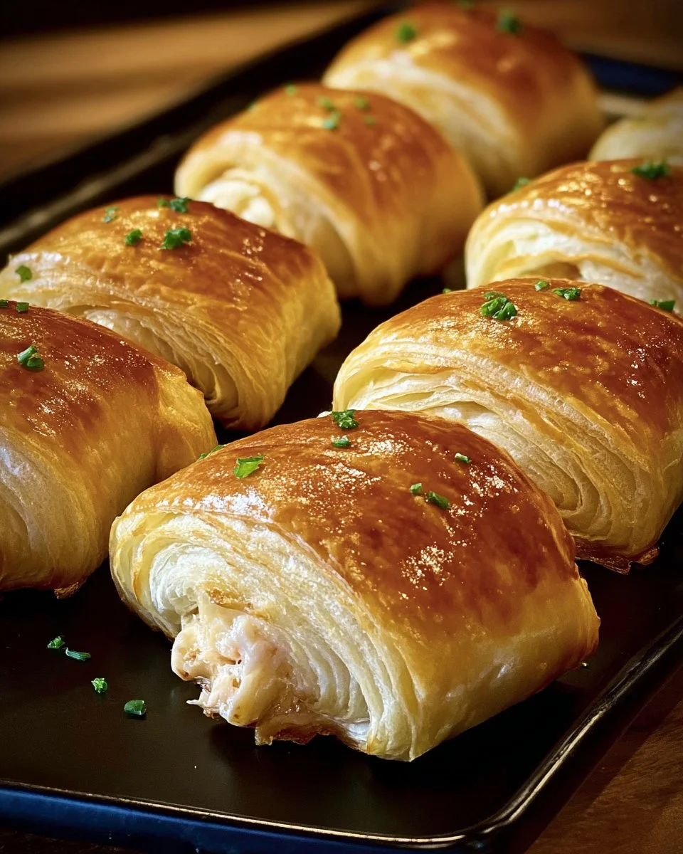 Baked chicken stuffed crescent rolls on a plate garnished with herbs.