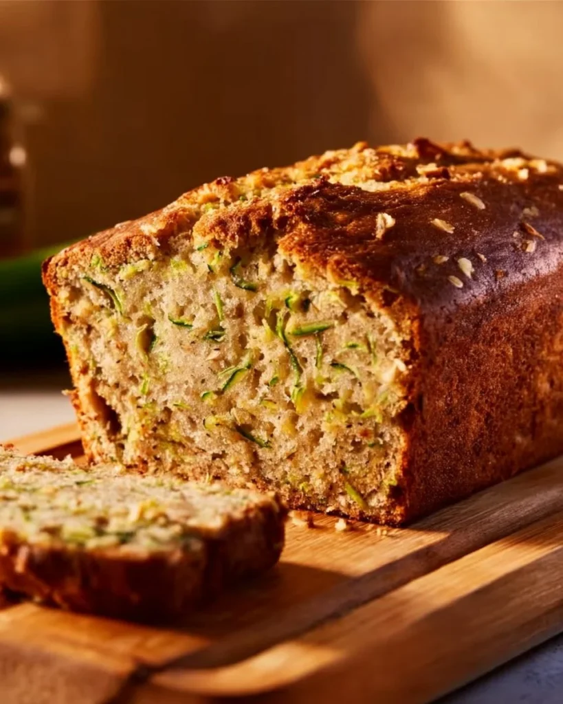 Freshly baked Banana Zucchini Bread sliced on a wooden board.