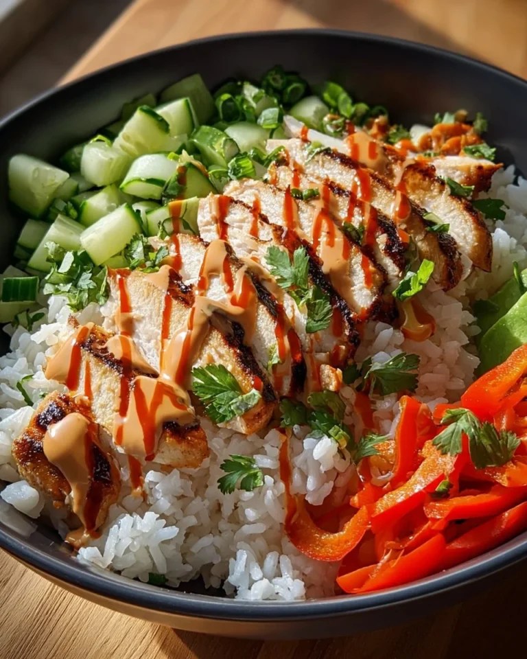 Bang Bang Chicken Bowl topped with spicy sauce and fresh vegetables