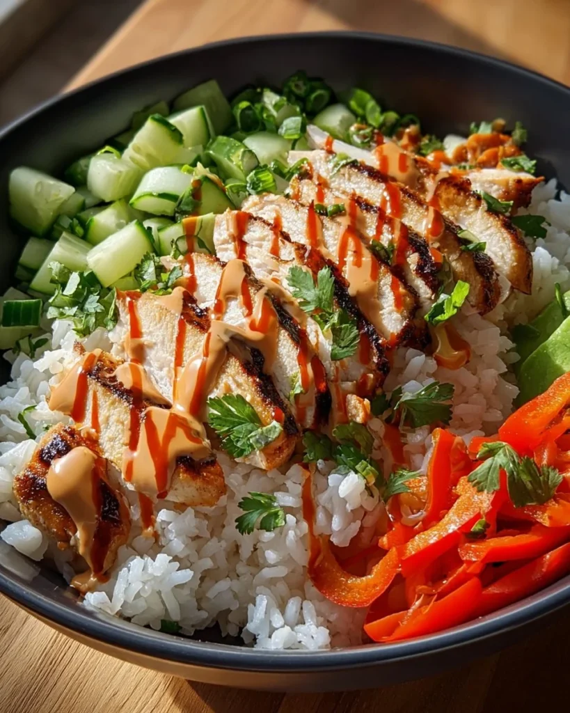 Bang Bang Chicken Bowl topped with spicy sauce and fresh vegetables