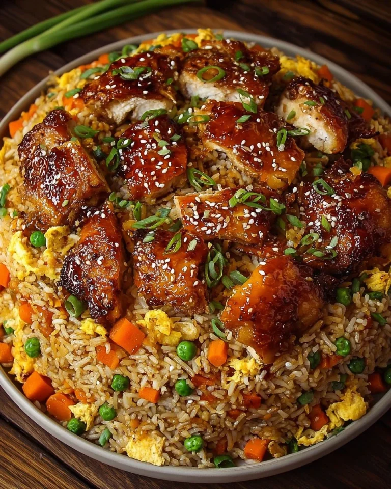 Delicious Bang Bang Chicken Fried Rice served in a bowl with fresh vegetables
