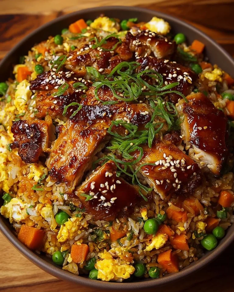 Plate of Bang Bang Chicken Fried Rice garnished with green onions.