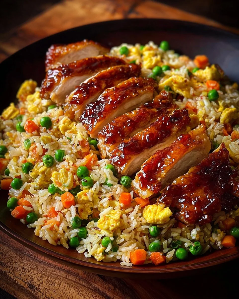 Plate of Bang Bang Chicken Fried Rice garnished with green onions