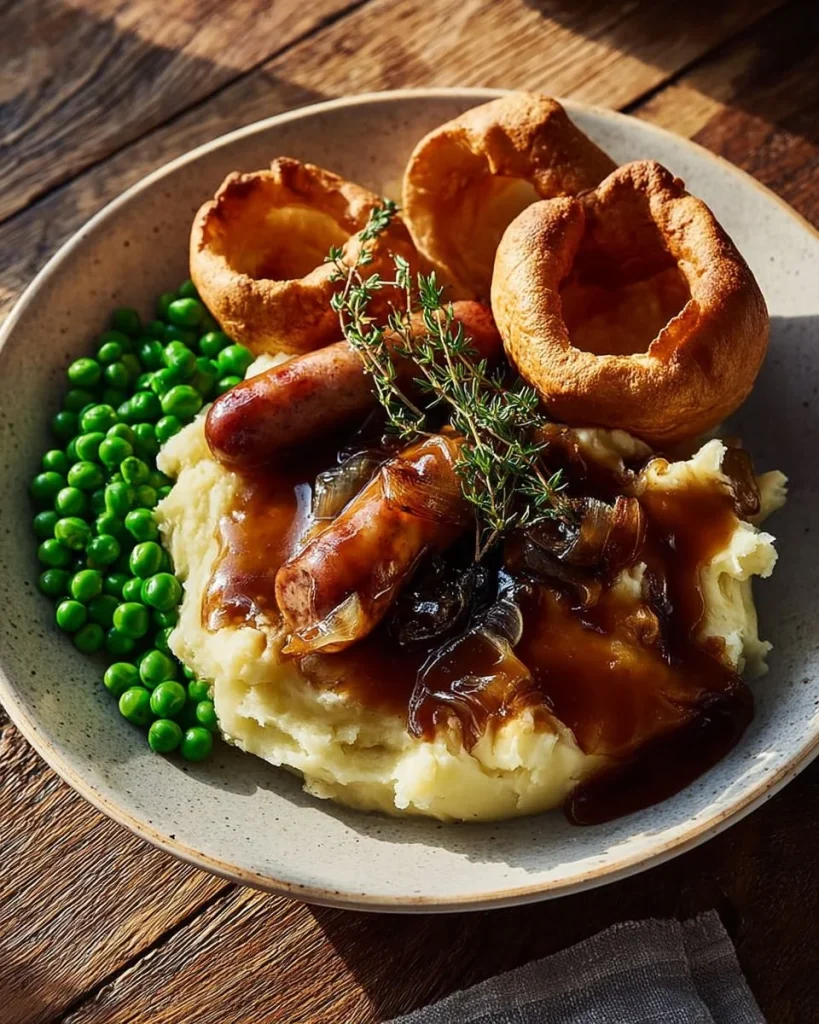 Bangers and Mash served with delicious onion gravy on a plate