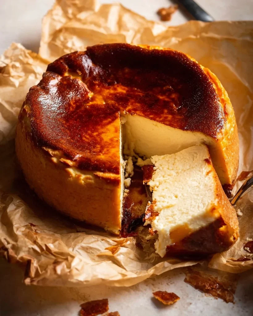 Delicious Basque Cheesecake with a caramelized top and creamy interior.