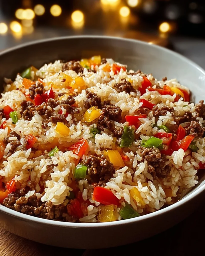 Delicious plate of Beef Dirty Rice garnished with herbs and spices.
