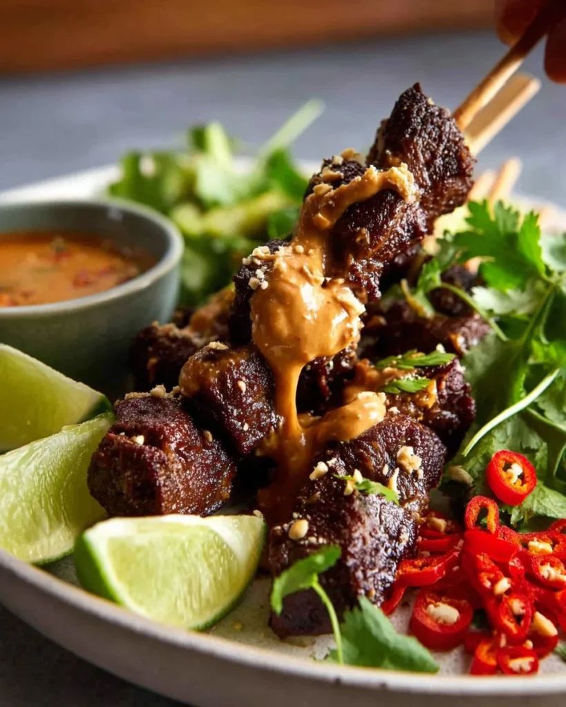 Beef satay skewers with Thai peanut sauce on a plate