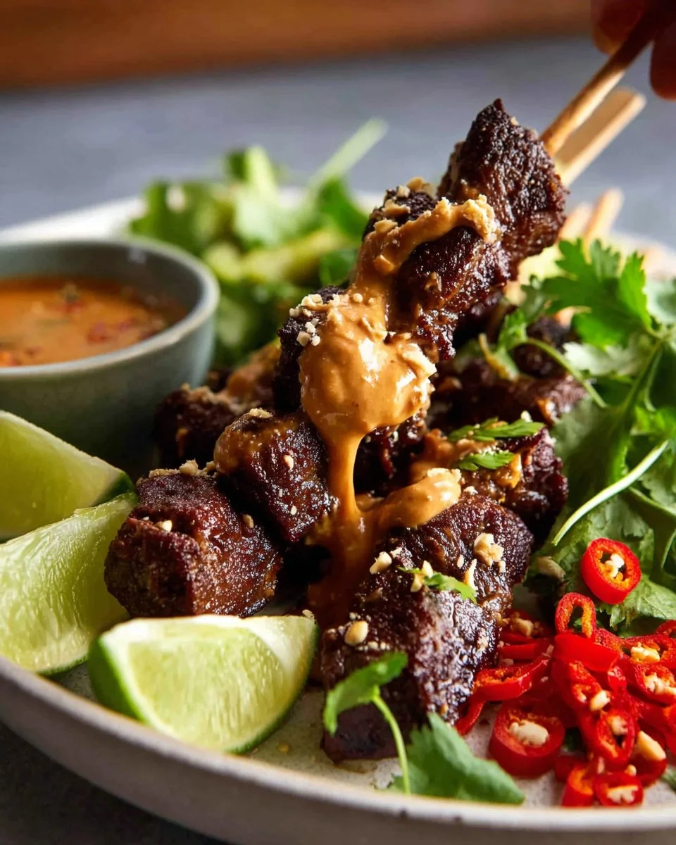 Beef satay skewers with Thai peanut sauce on a plate