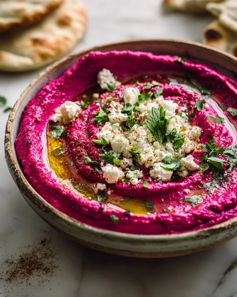 Beet hummus topped with goat cheese, olive oil, and herbs in a serving bowl.