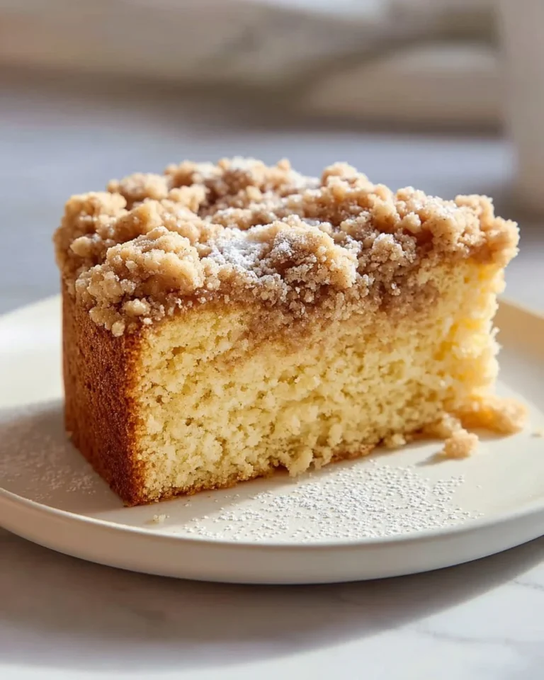 Delicious homemade crumb cake topped with a buttery crumble.