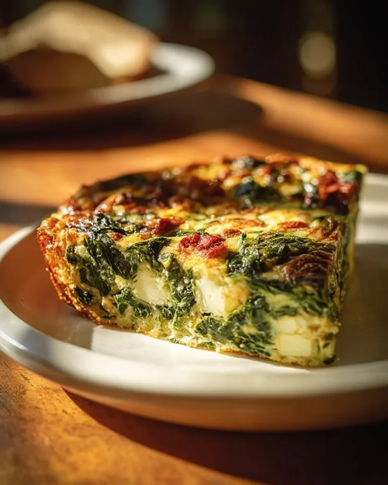 Best crustless spinach, onion, and feta quiche served on a plate