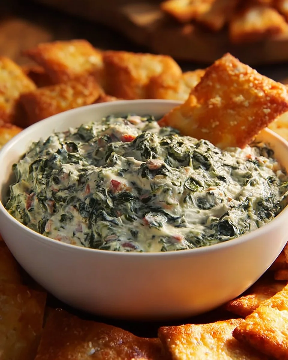 Delicious best ever spinach dip served in a bowl with tortilla chips.