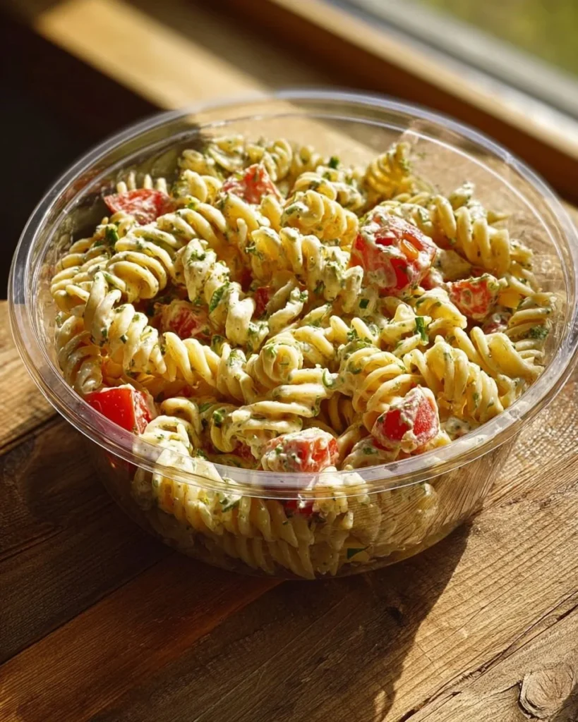 Delicious bowl of best macaroni salad with colorful vegetables