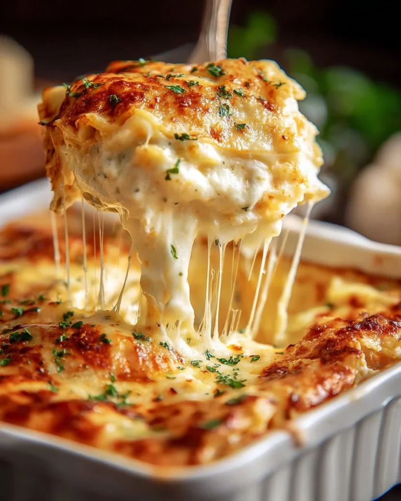 Delicious blackened chicken alfredo lasagna layered with creamy cheese and pasta