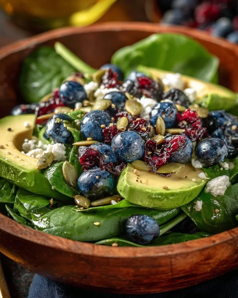 Blueberry spinach salad topped with avocado and feta cheese on a plate