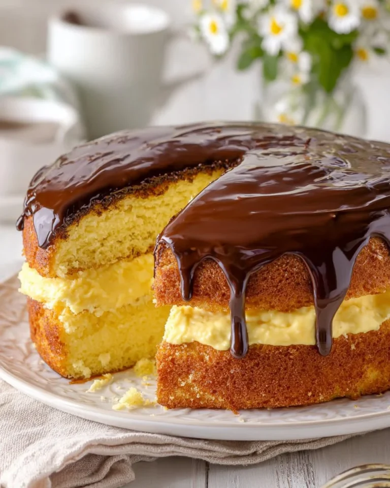 Delicious Boston Cream Pie Cake with chocolate ganache and creamy filling