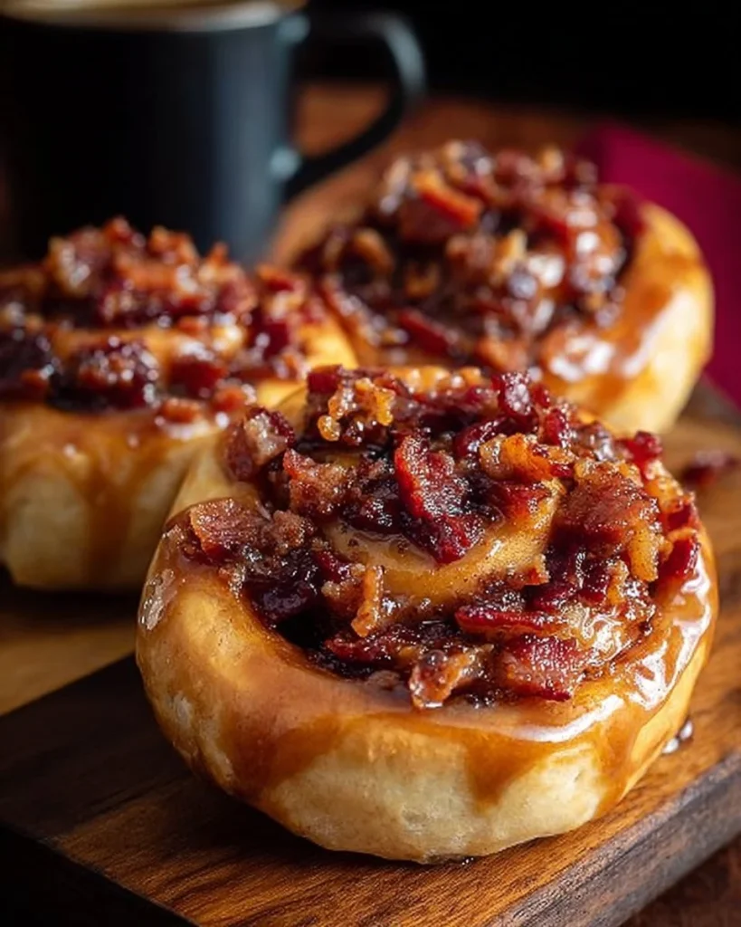 Bourbon Maple Bacon Cinnamon Rolls fresh out of the oven